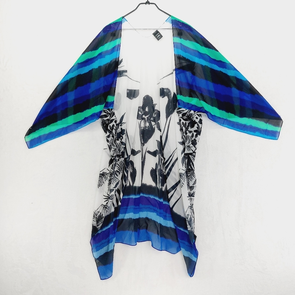 Express One Size Sheer Kimono with Graphic Print and Striped Sleeves P5200